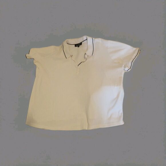 Jones New York Signature Women 2x White Polo/ Navy Trim Short Sleeve Cotton Top - Picture 3 of 14